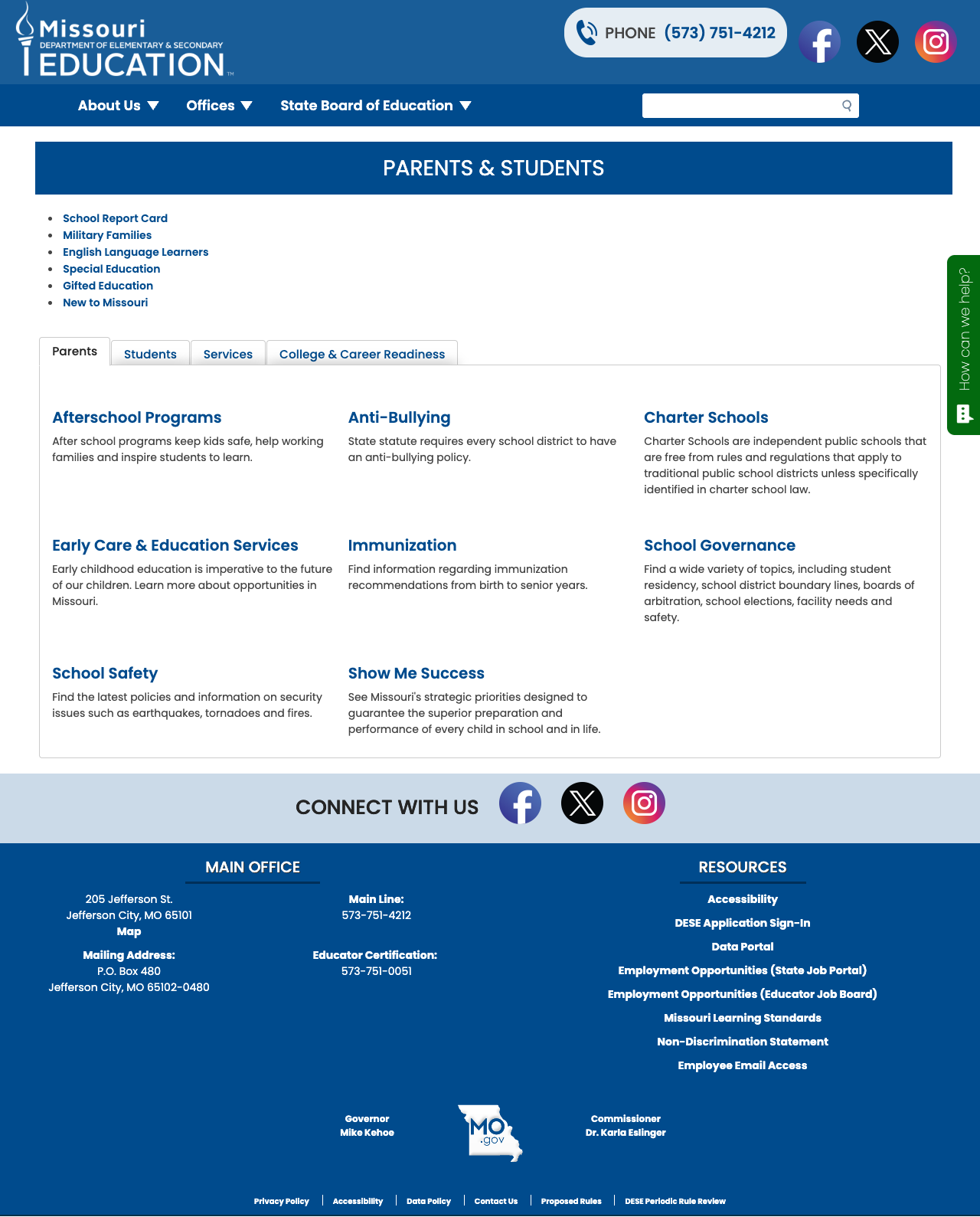 Parents & Students page with no language/translation options visible