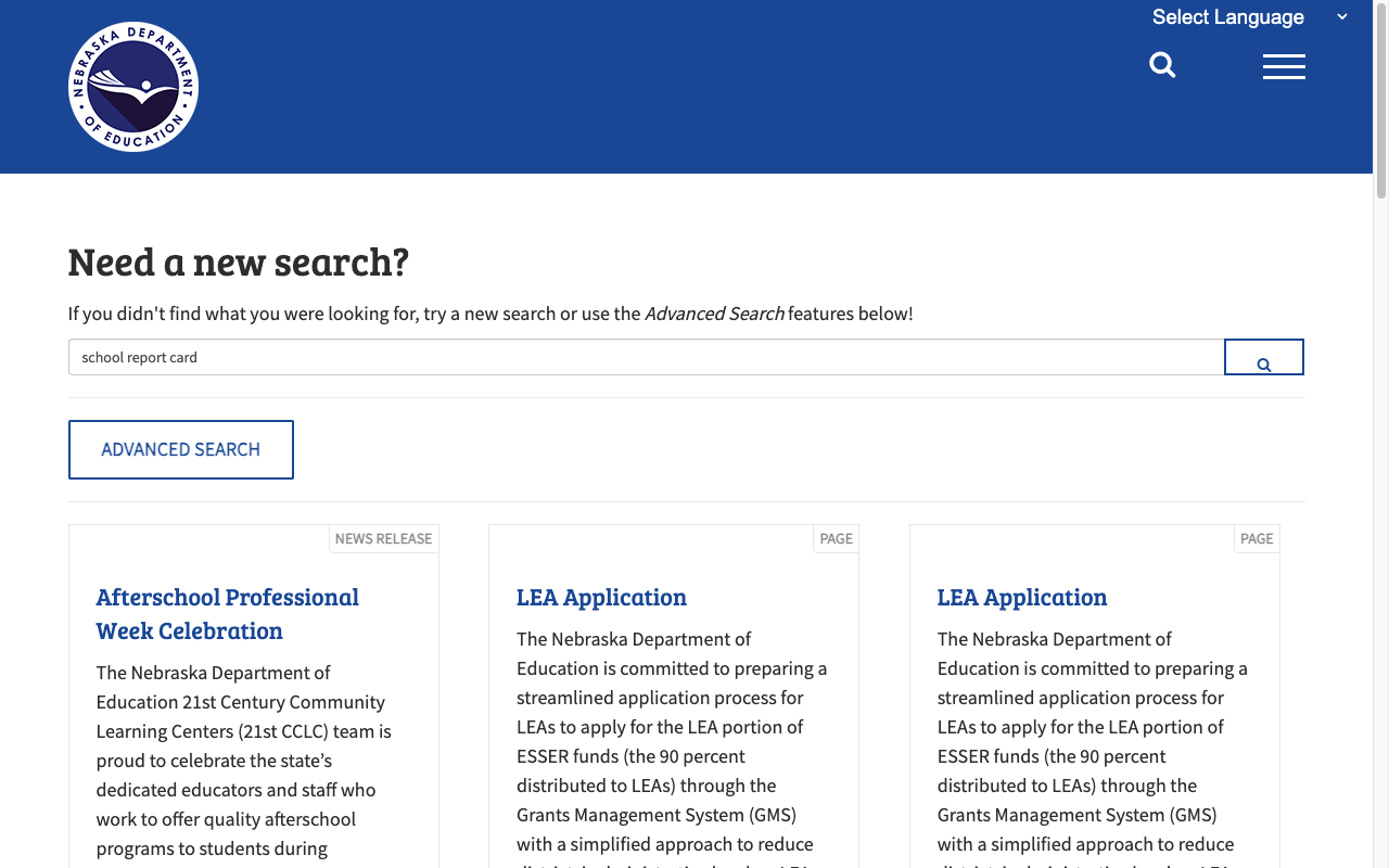 Search for "school report card" returns irrelevant results