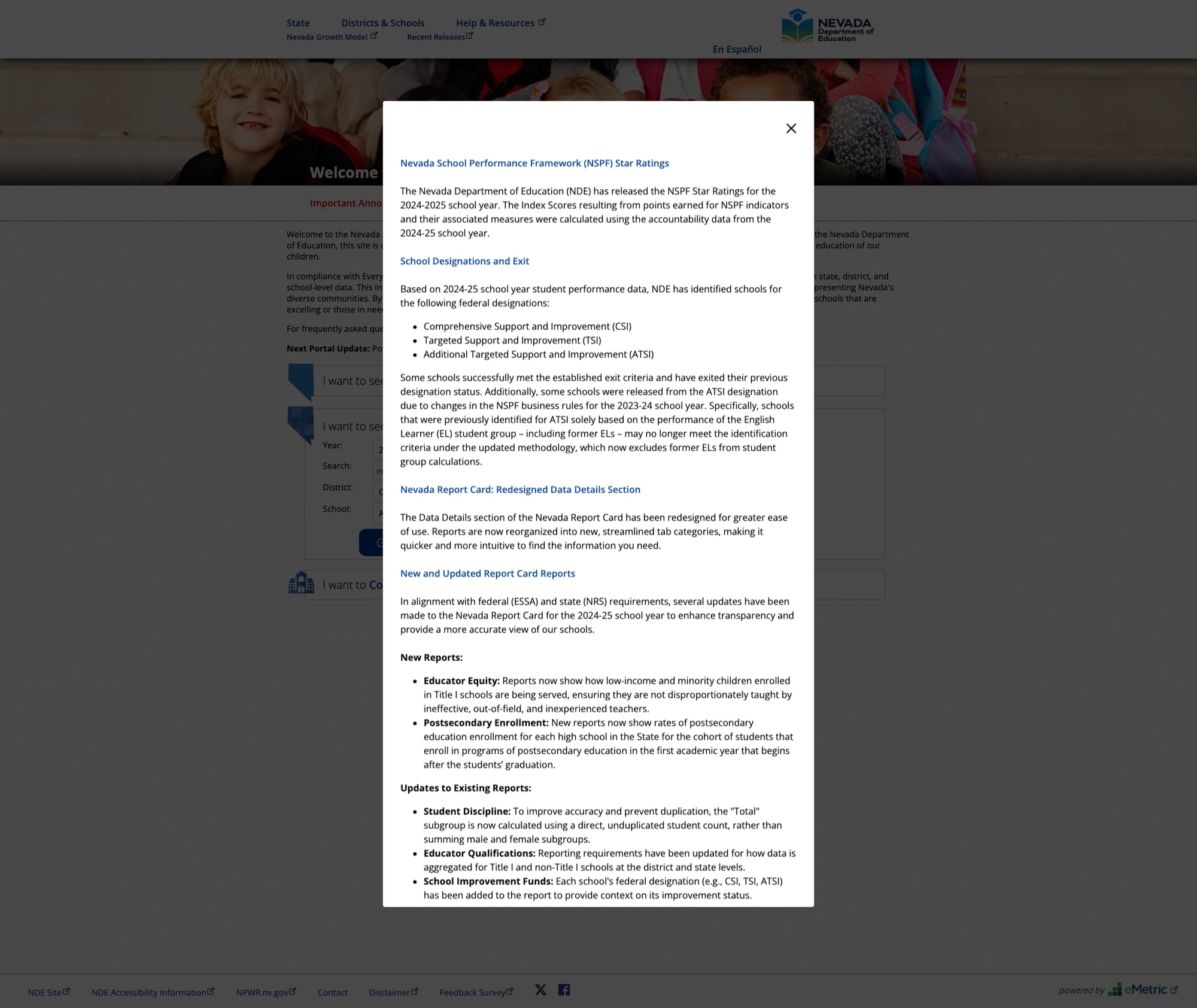Screenshot: Nevada Report Card portal