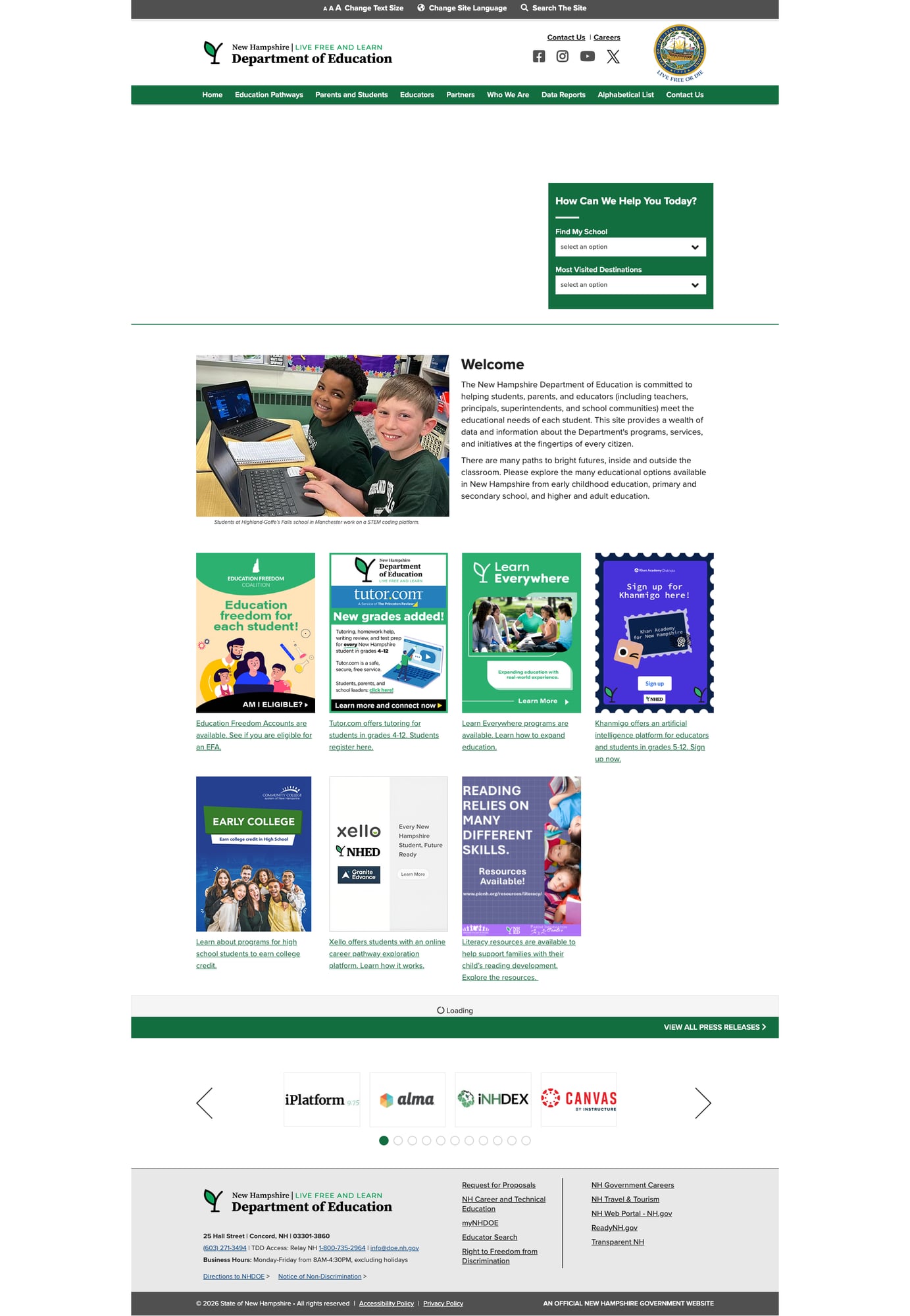Screenshot: New Hampshire DOE homepage showing green branding, nav bar, and "How Can We Help You Today" widget