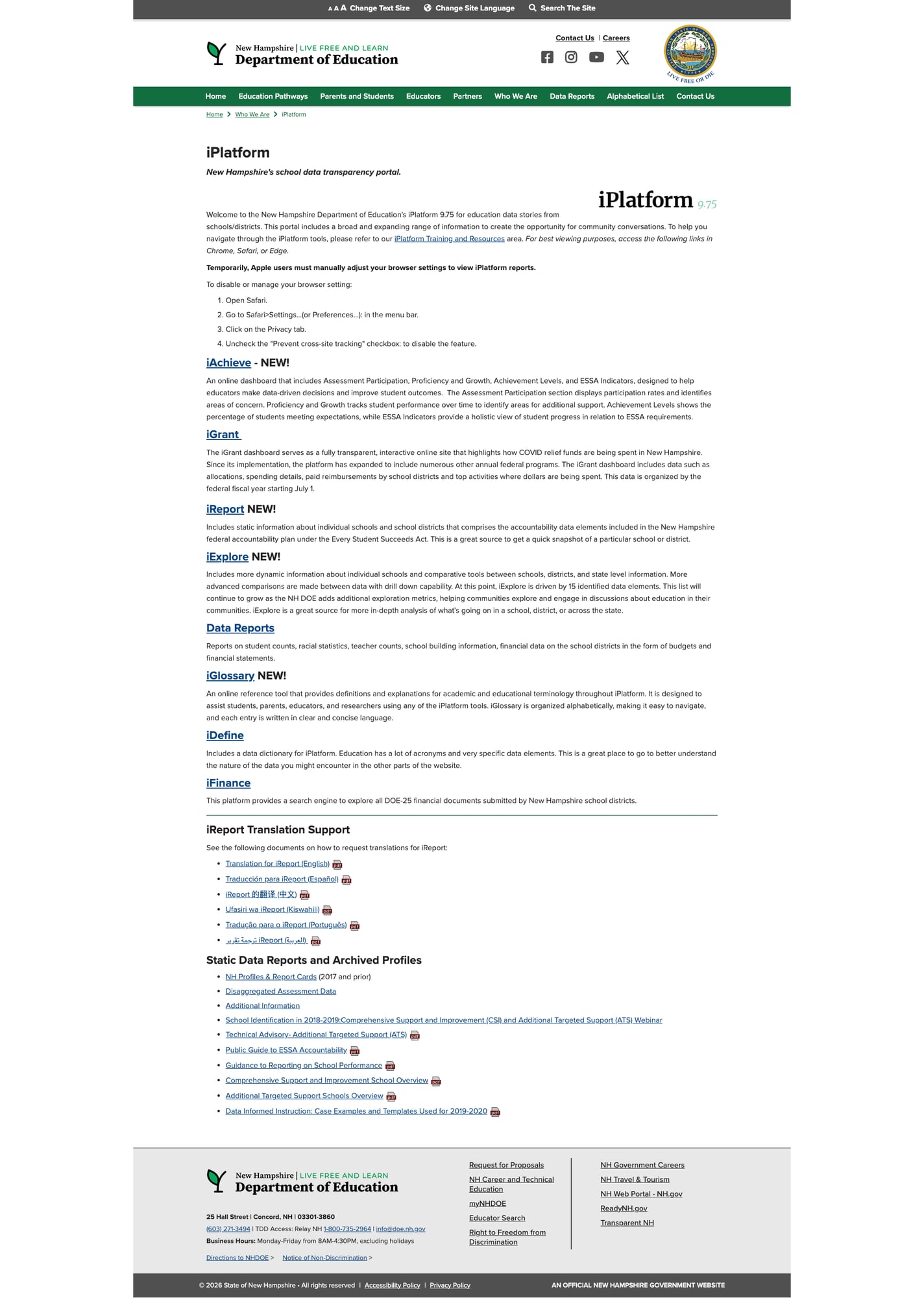 Screenshot: iPlatform page showing all eight data tools with descriptions and multilingual translation support