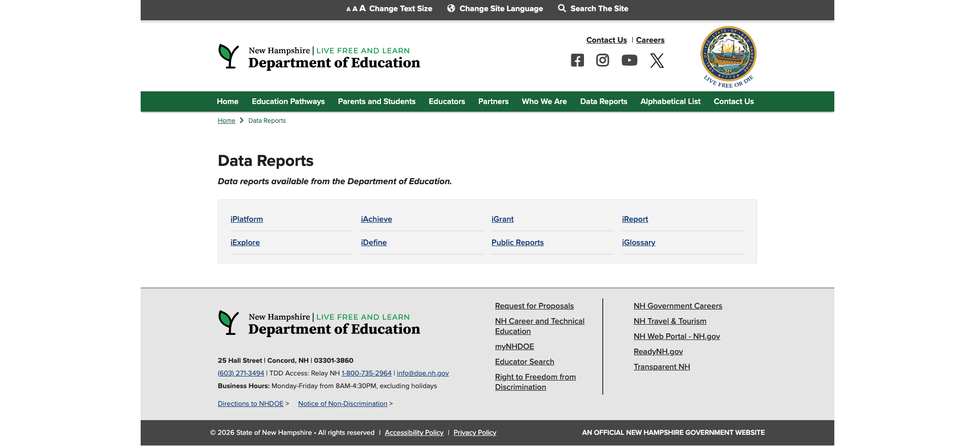 Screenshot: Data Reports landing page with links to iPlatform tools