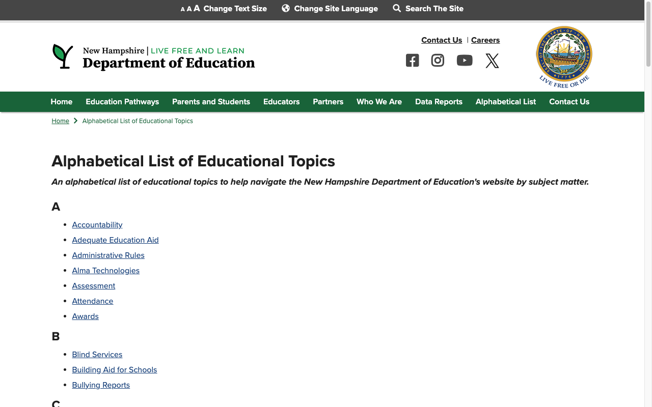 Screenshot: Alphabetical List of Educational Topics showing A-Z organized links