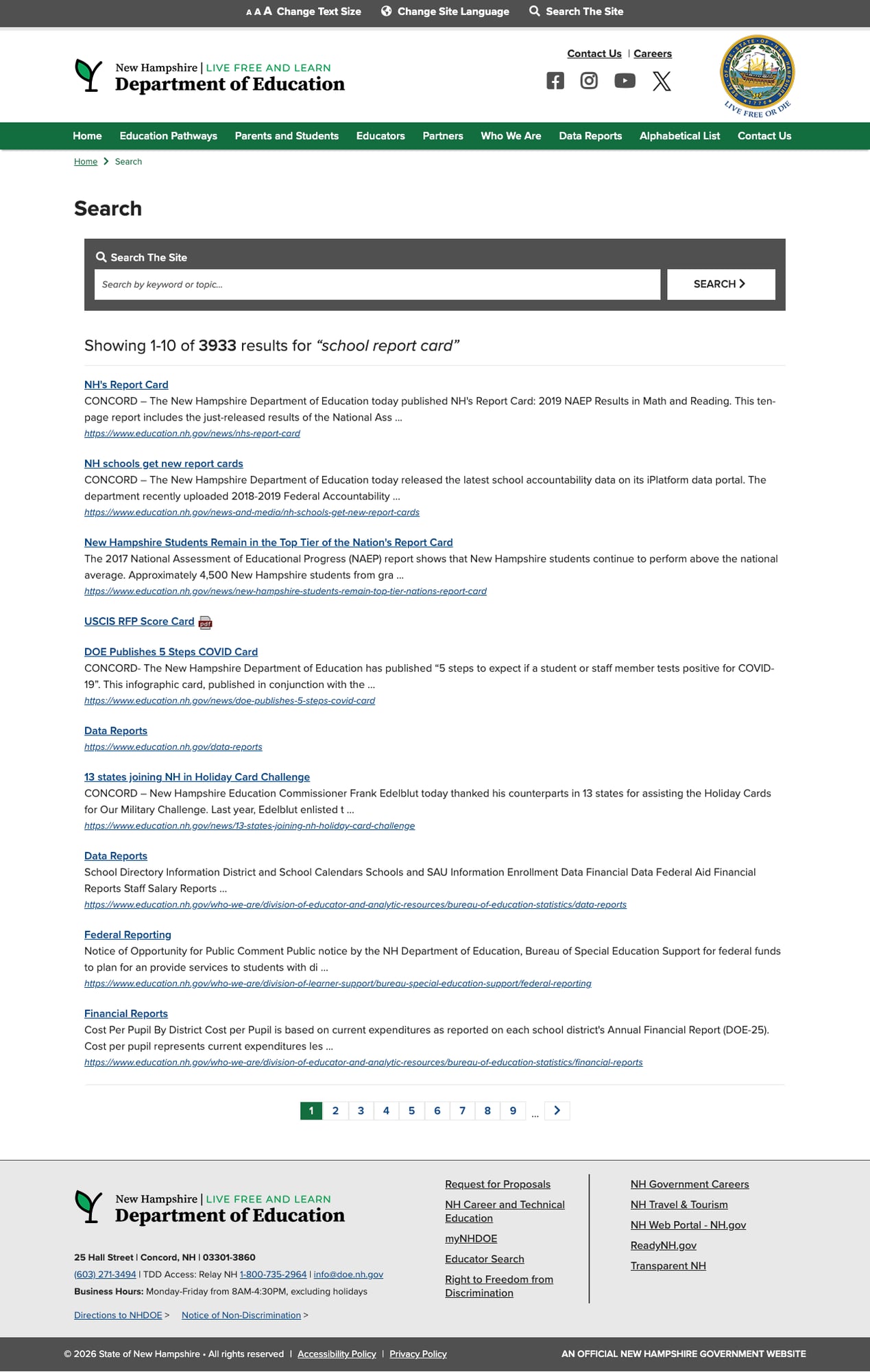 Screenshot: Search results page showing 3,933 results for "school report card" with pagination