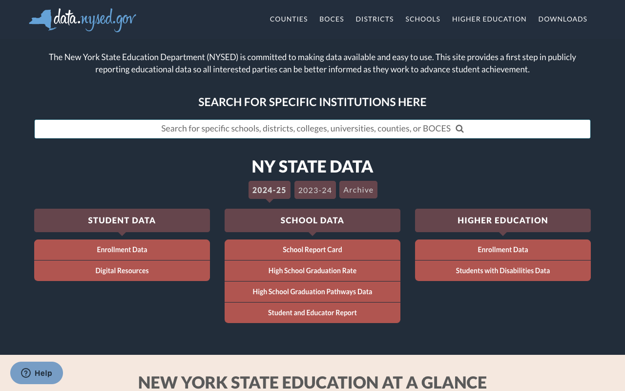 Screenshot: data.nysed.gov homepage showing institutional search, data categories, and year selection
