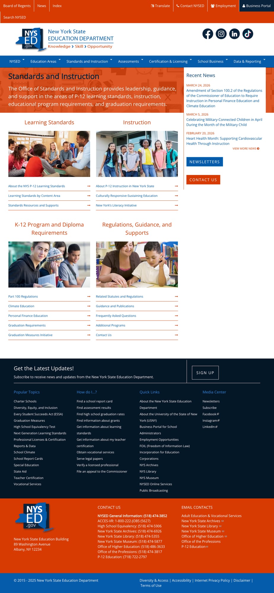 Screenshot: Standards and Instruction page with organized sections for Learning Standards, Instruction, and K-12 Requirements