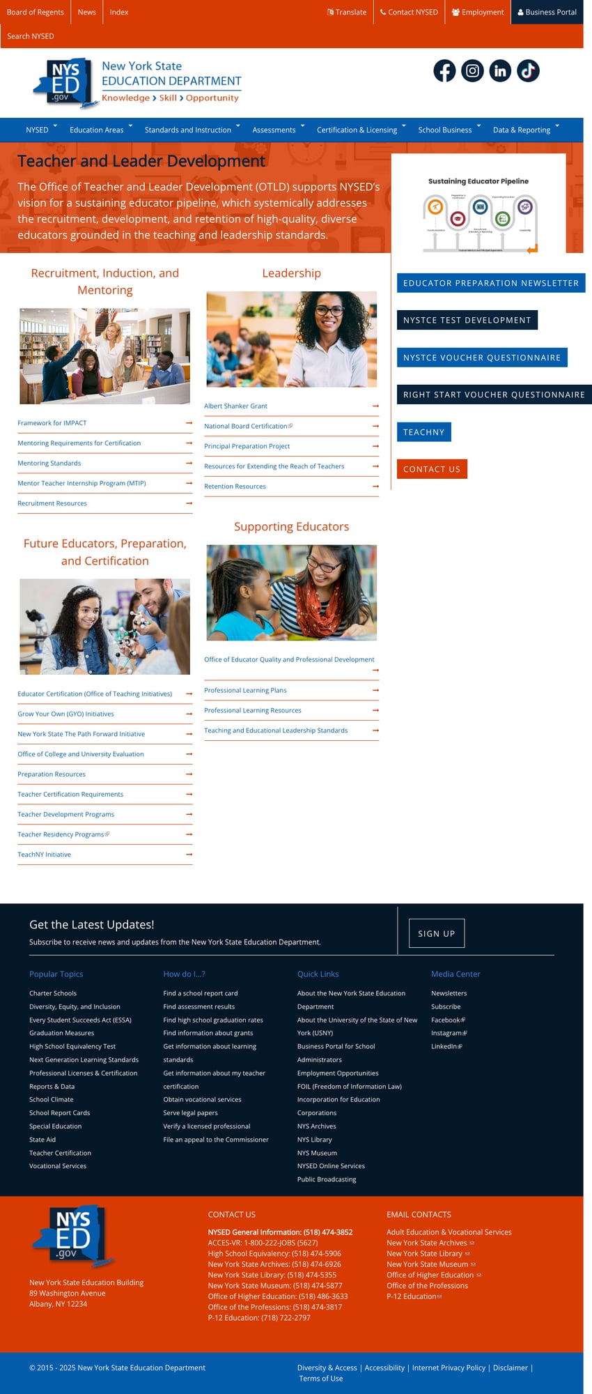 Screenshot: Teacher and Leader Development page showing comprehensive educator pipeline resources