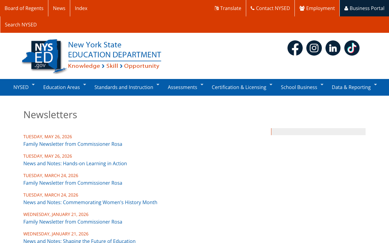 Screenshot: Newsletters page showing regular Family Newsletter from Commissioner Rosa