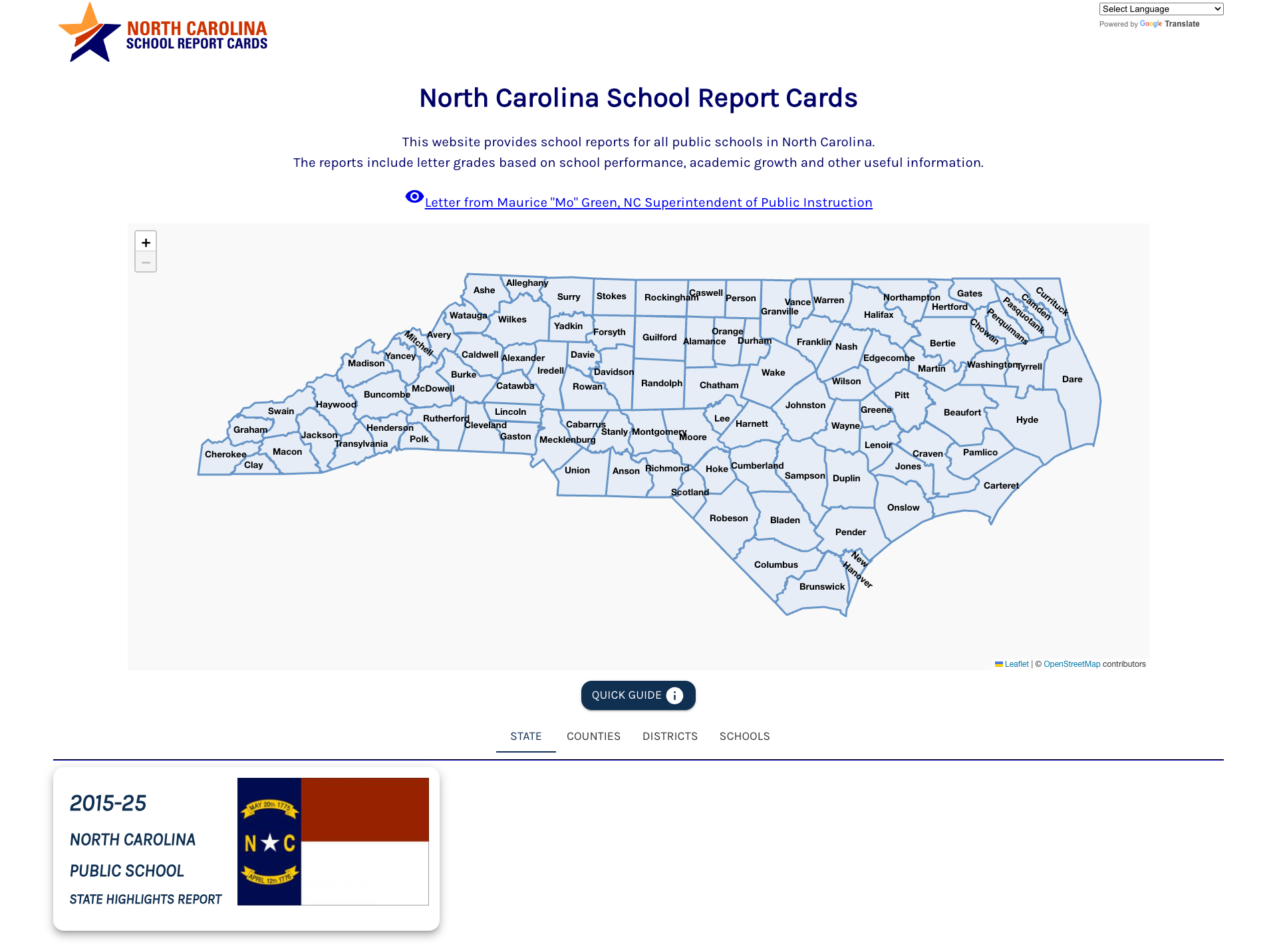 NC School Report Cards — interactive county map with decade of data