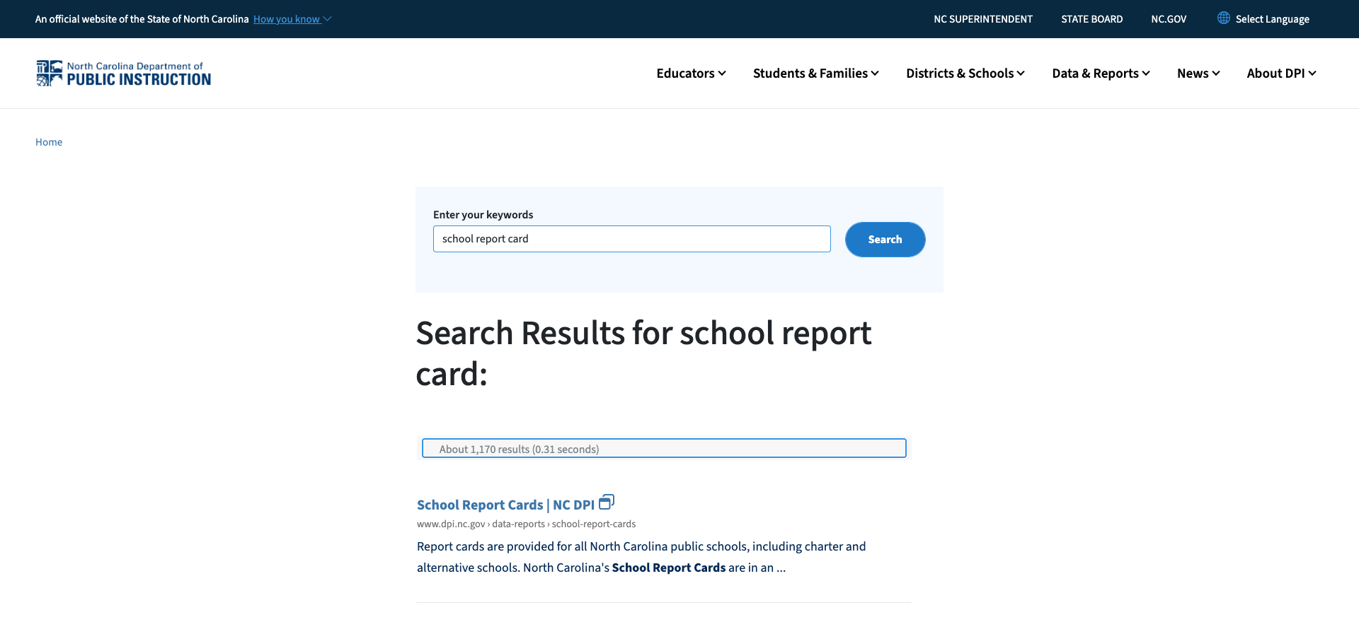 School Report Cards page with 25+ data categories