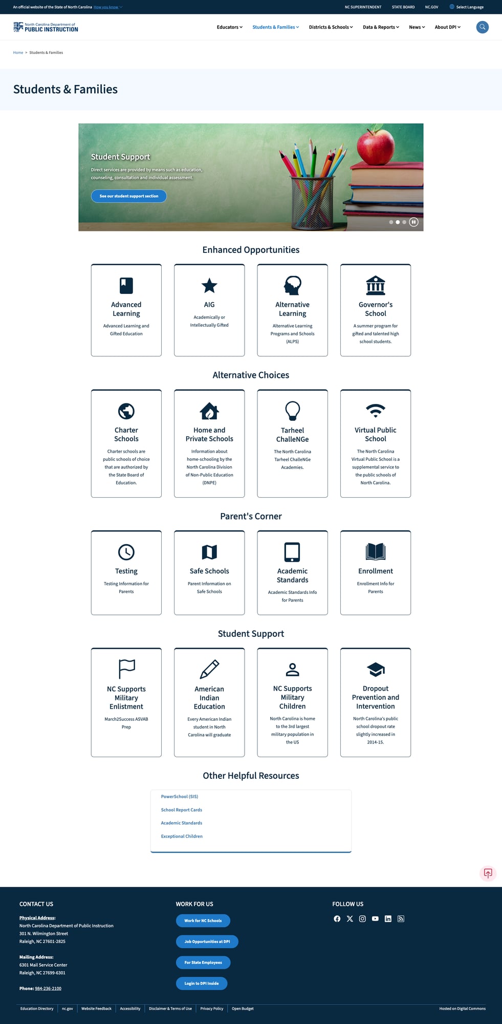 Students & Families landing page with organized card sections