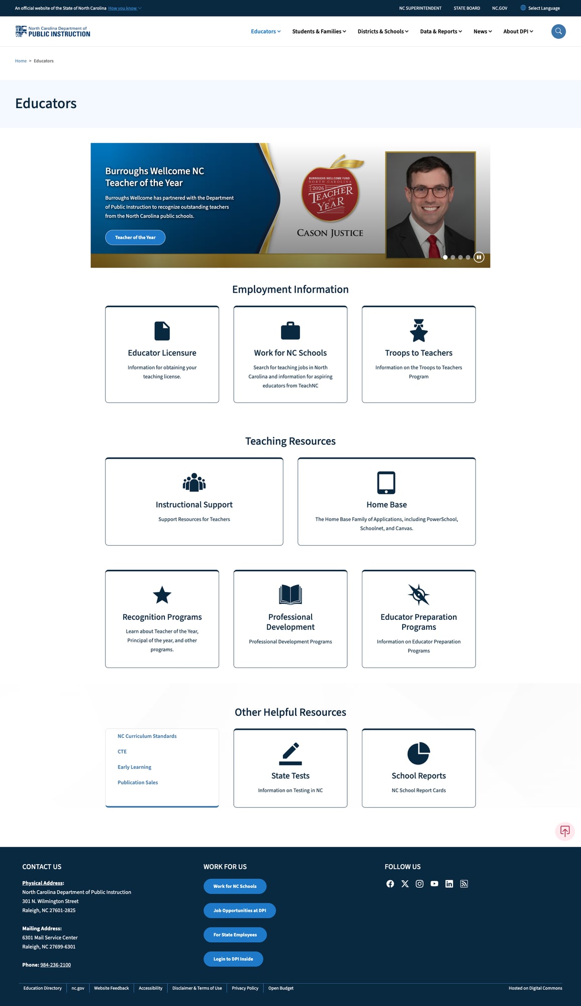 Educators page with employment, teaching, and recognition sections