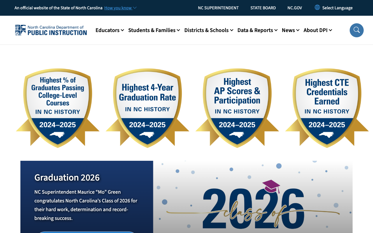 Homepage above-the-fold dominated by four achievement seals
