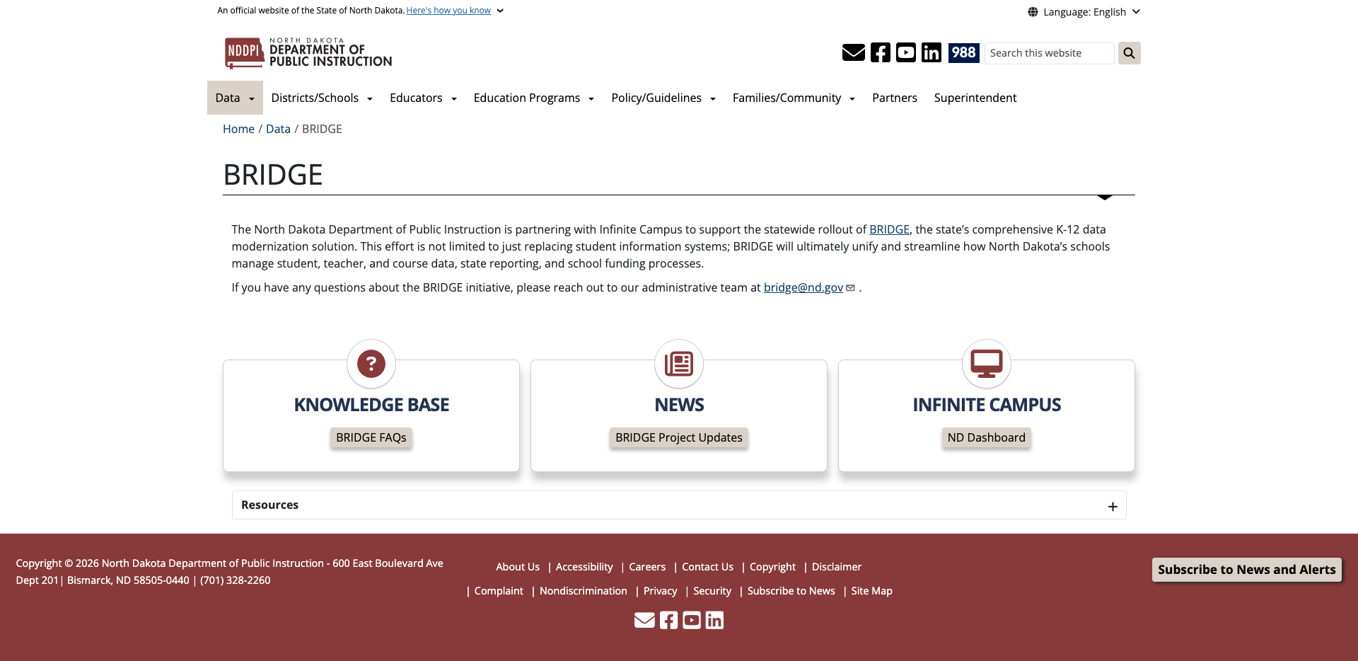Screenshot: BRIDGE data modernization page with Knowledge Base, News, and Infinite Campus links