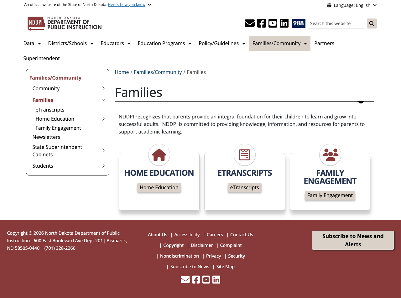 Screenshot: Families page with only three subsections — Home Education, eTranscripts, Family Engagement