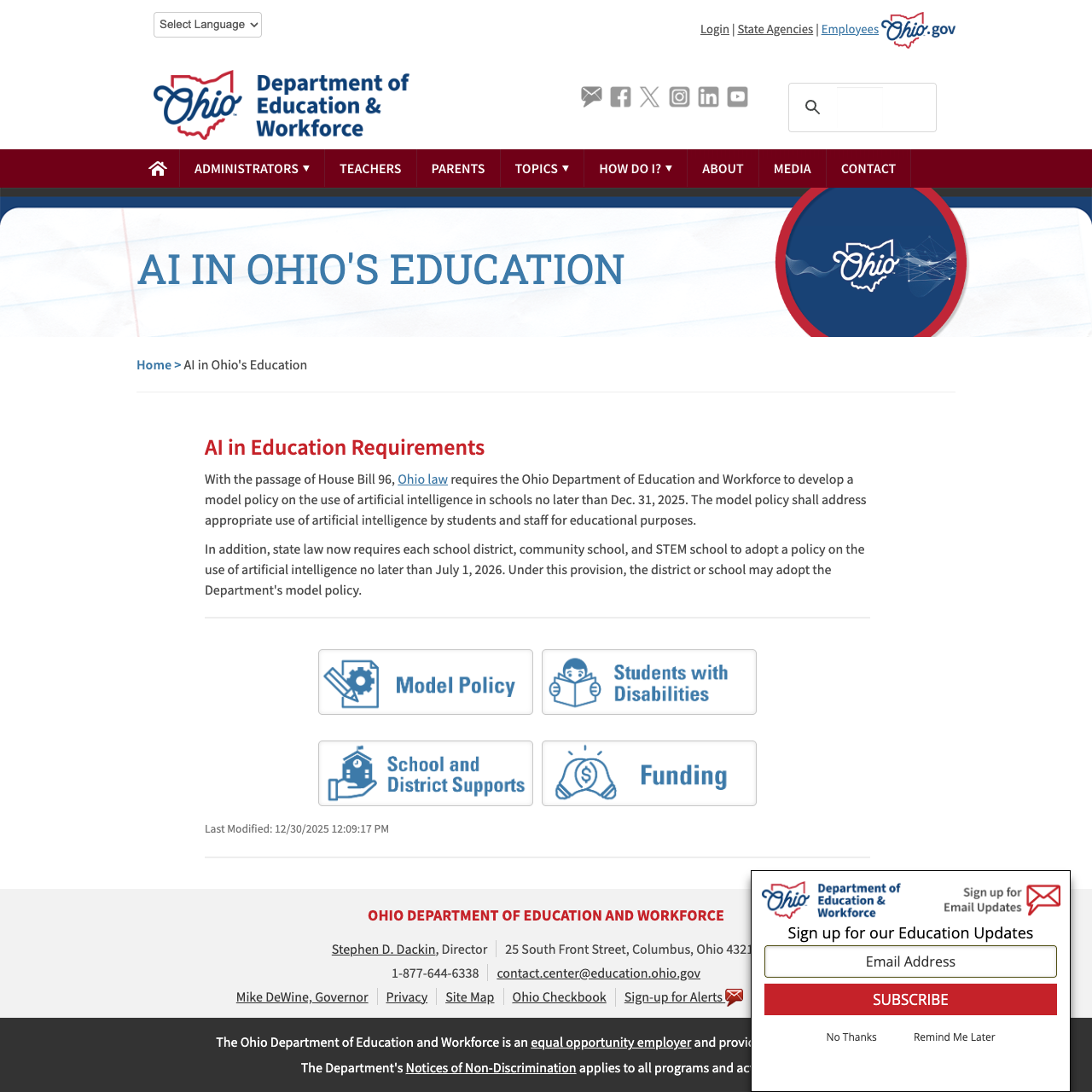 AI in Ohio's Education page with Model Policy, disability resources, and implementation supports