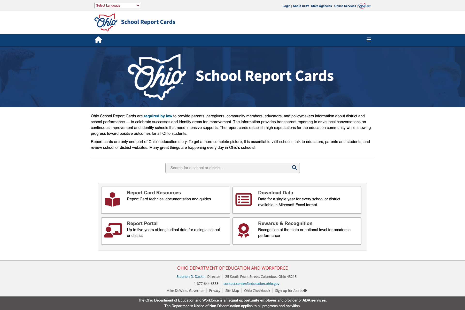 Ohio School Report Cards portal with search, data downloads, and longitudinal reporting