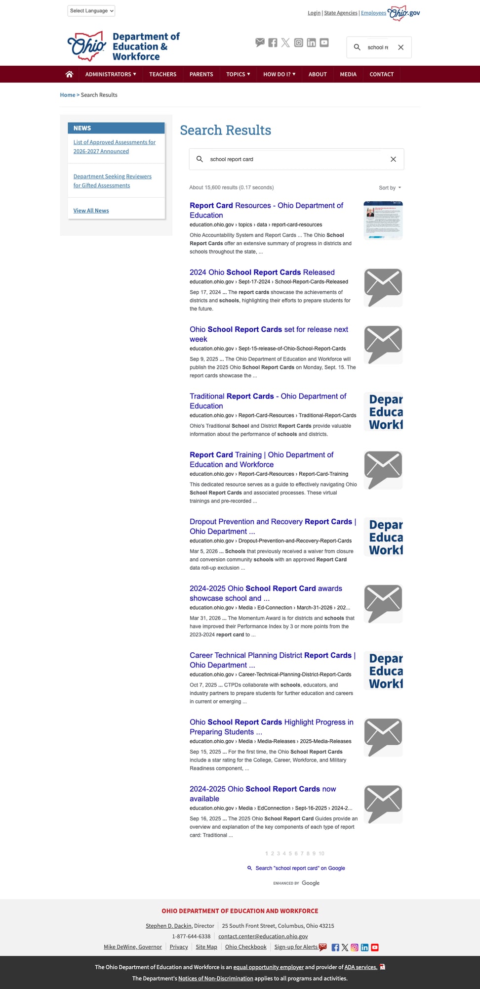 Search results page showing 15,600 results for "school report card"
