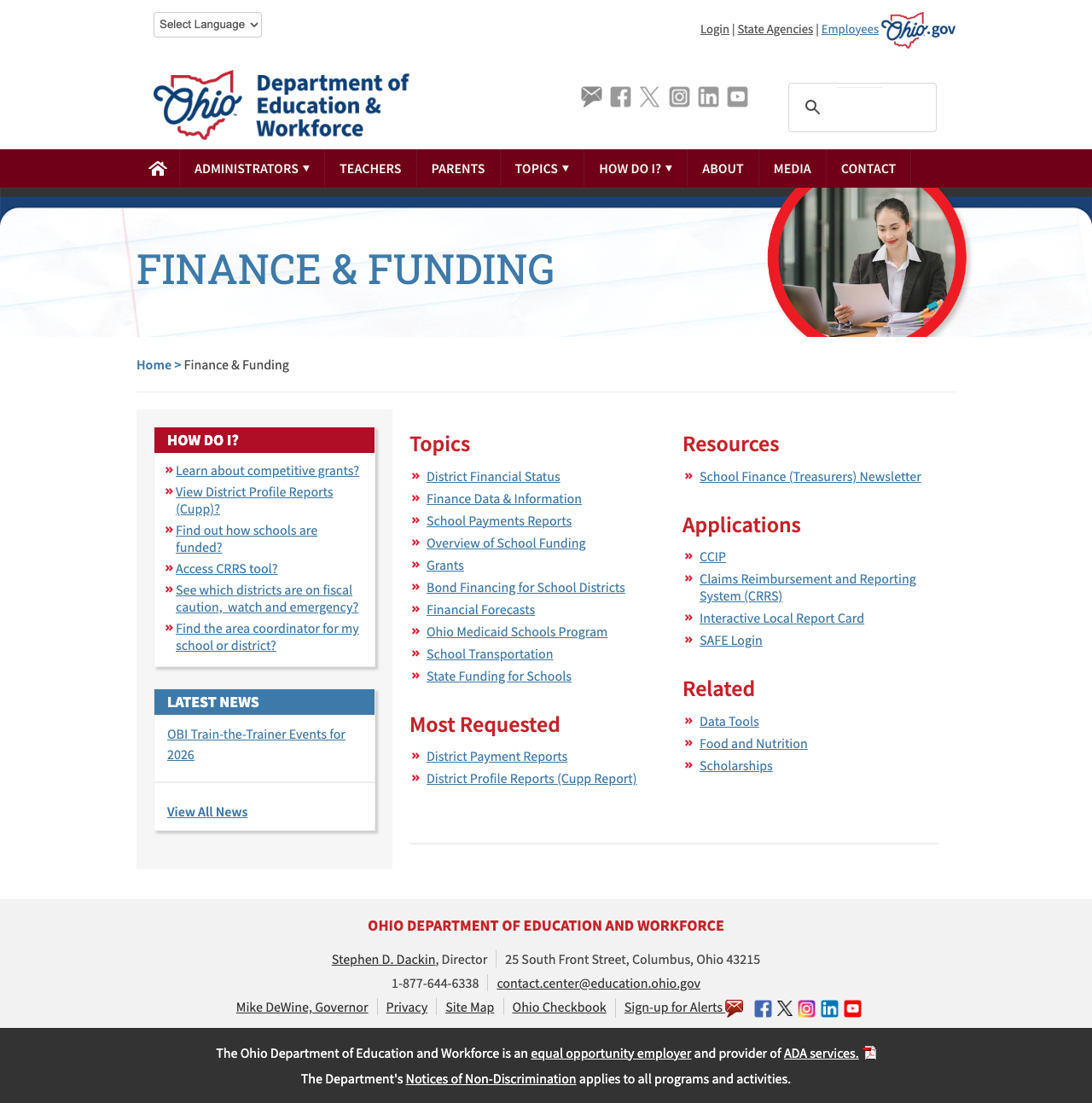 Finance & Funding page showing the dated Kentico CMS layout with stock photo banner