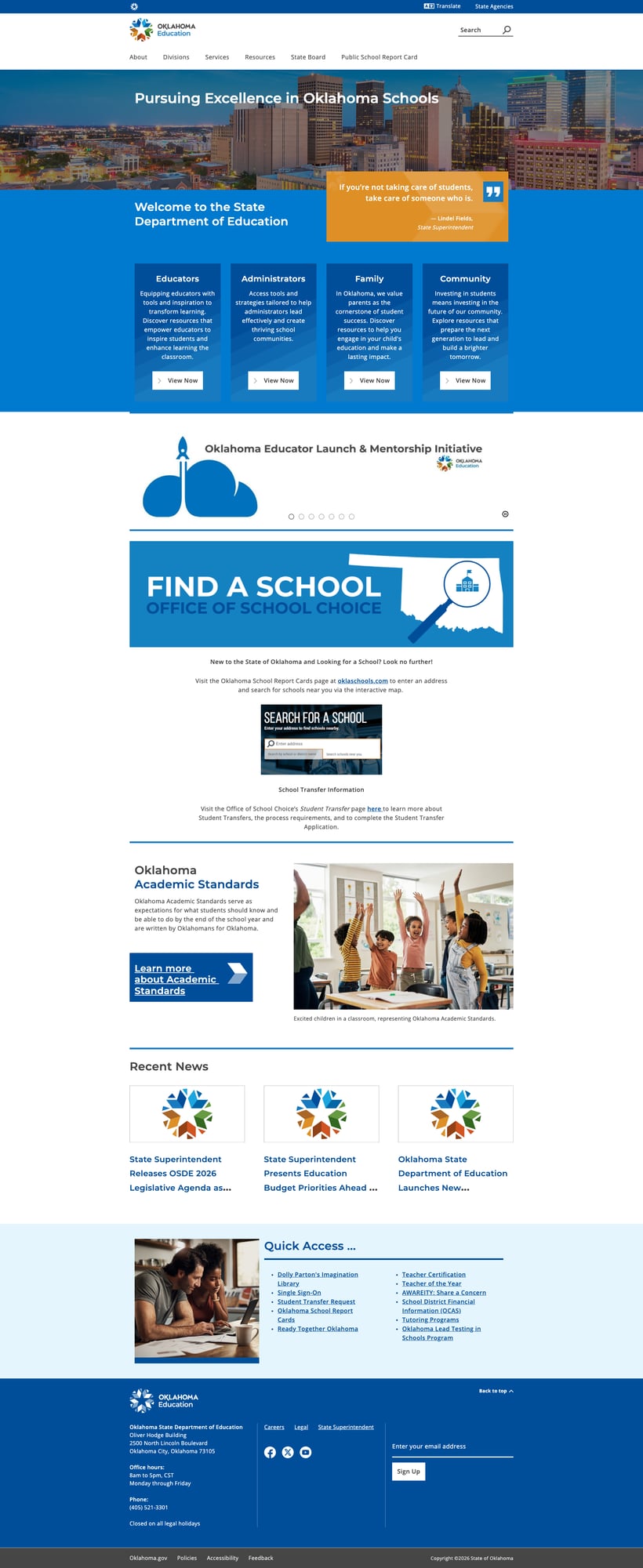 Screenshot: Oklahoma SDE homepage with audience cards and OKC skyline hero