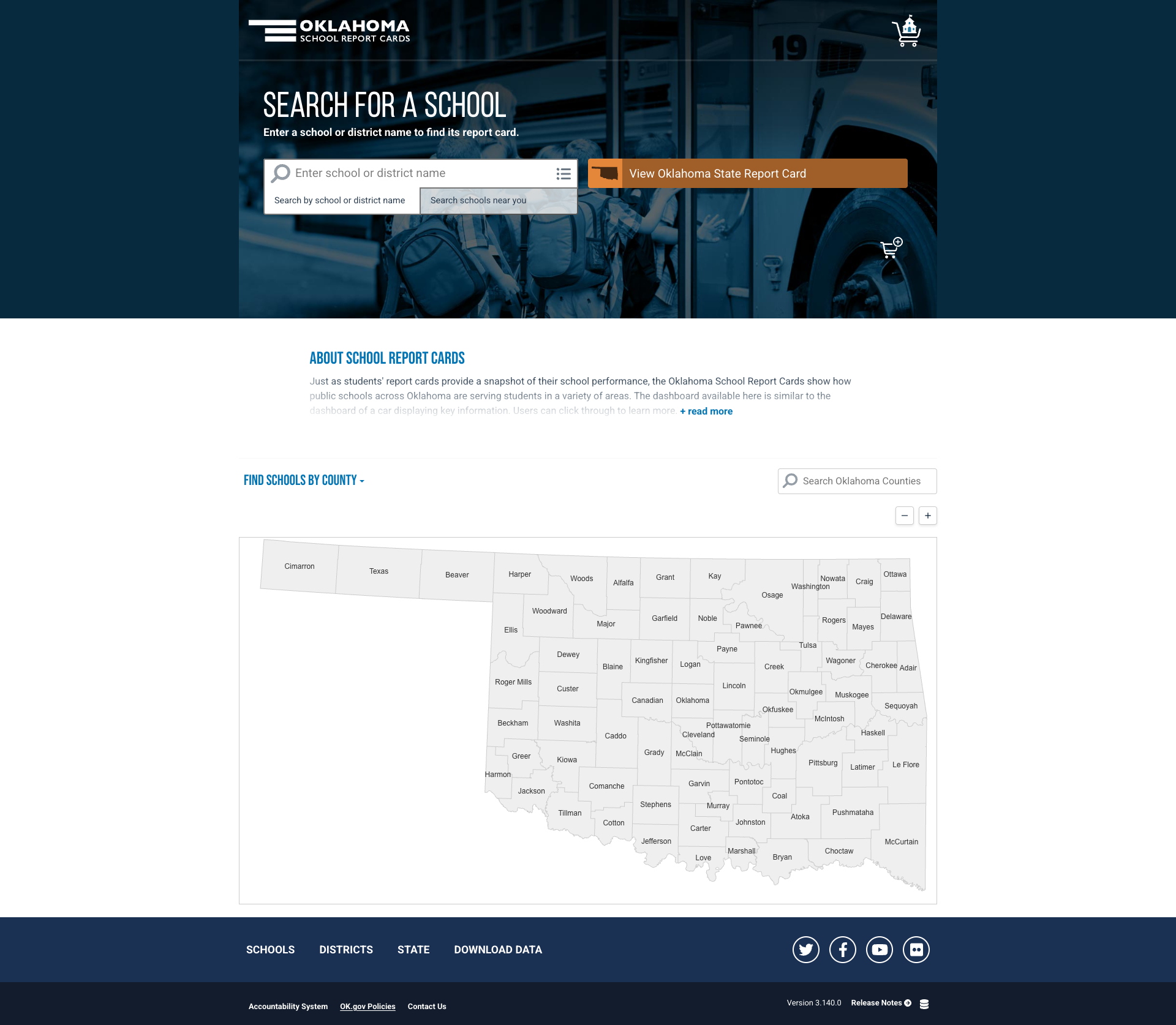 Screenshot: OklaSchools.com with interactive county map, school search, and state report card access