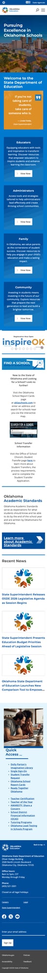 Screenshot: Mobile view of the Oklahoma SDE homepage at 375px width