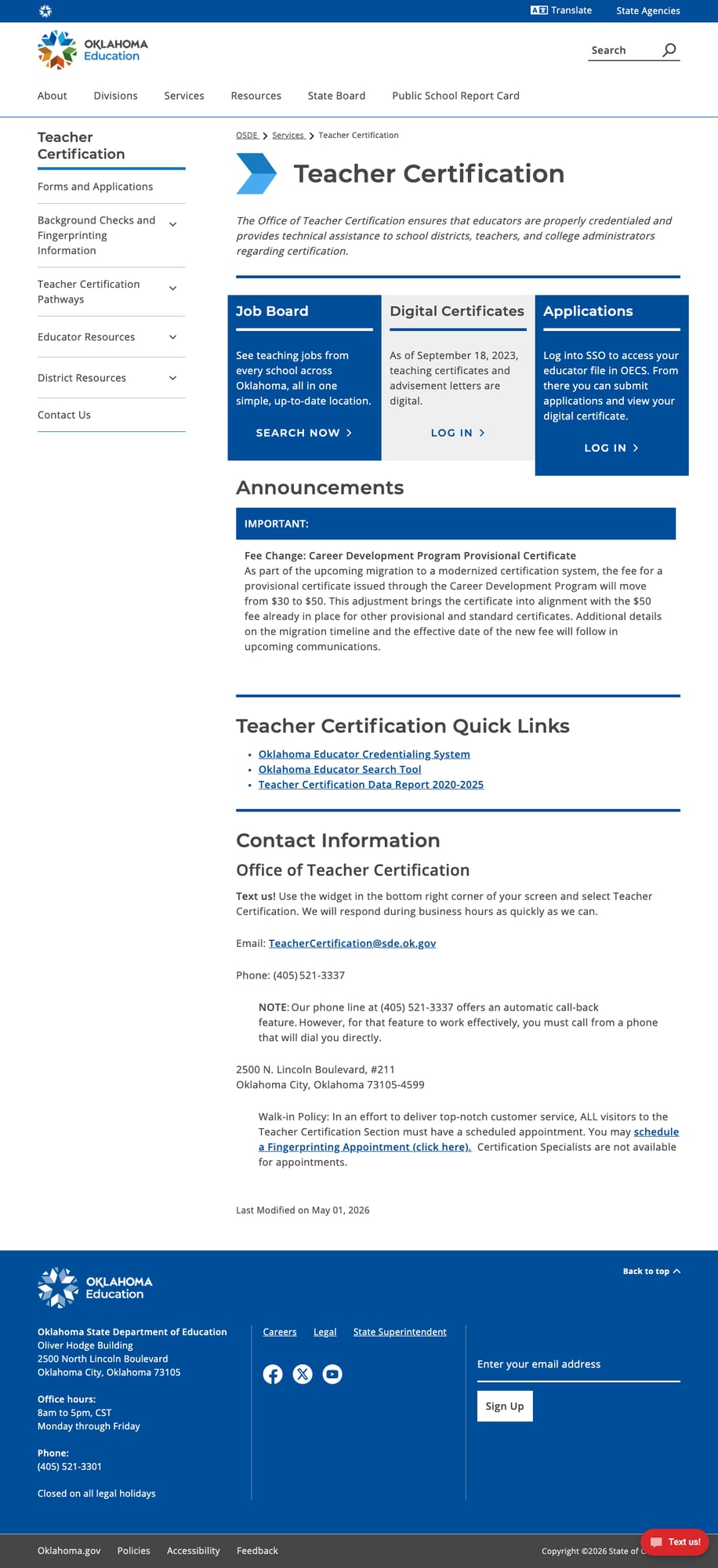 Screenshot: Teacher Certification page with Job Board, Digital Certificates, and left sidebar navigation