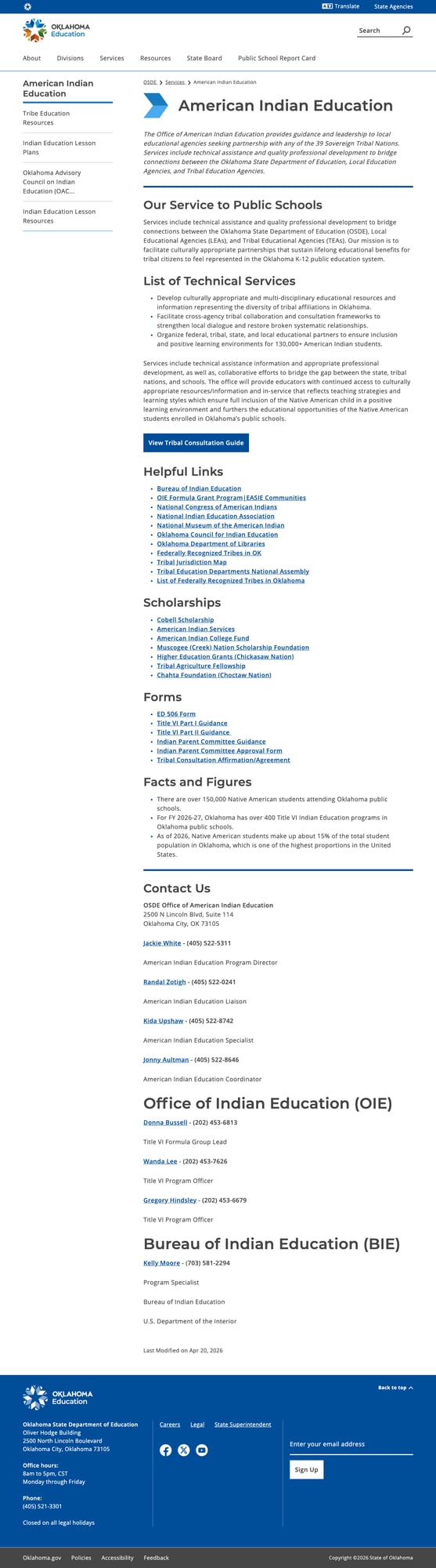 Screenshot: American Indian Education page with tribal resources, scholarships, and staff contacts