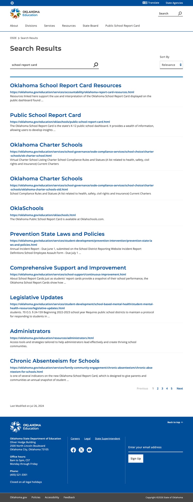 Screenshot: Search results for "school report card" showing relevant, paginated results