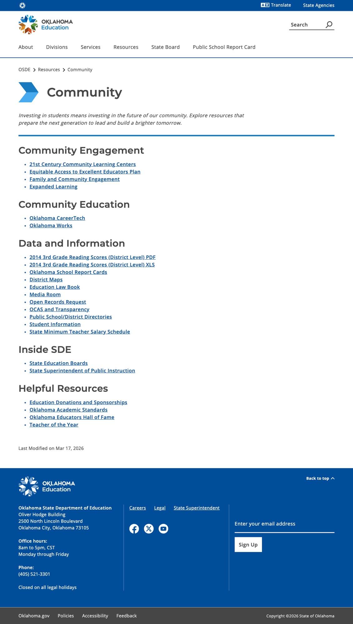 Screenshot: Community page showing 2014 3rd Grade Reading Scores still linked in Data section