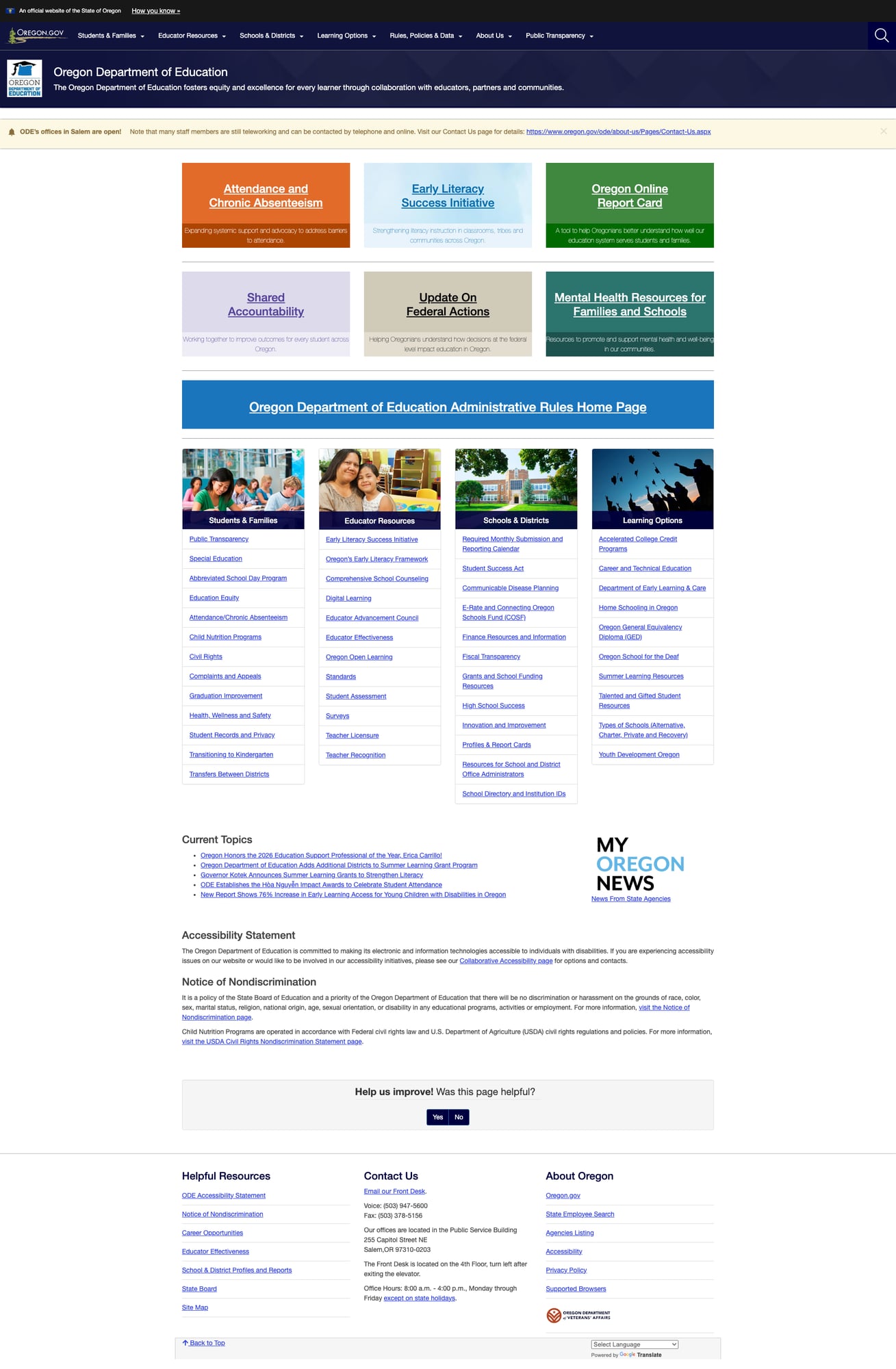 Oregon Department of Education homepage with featured topic cards and four audience sections