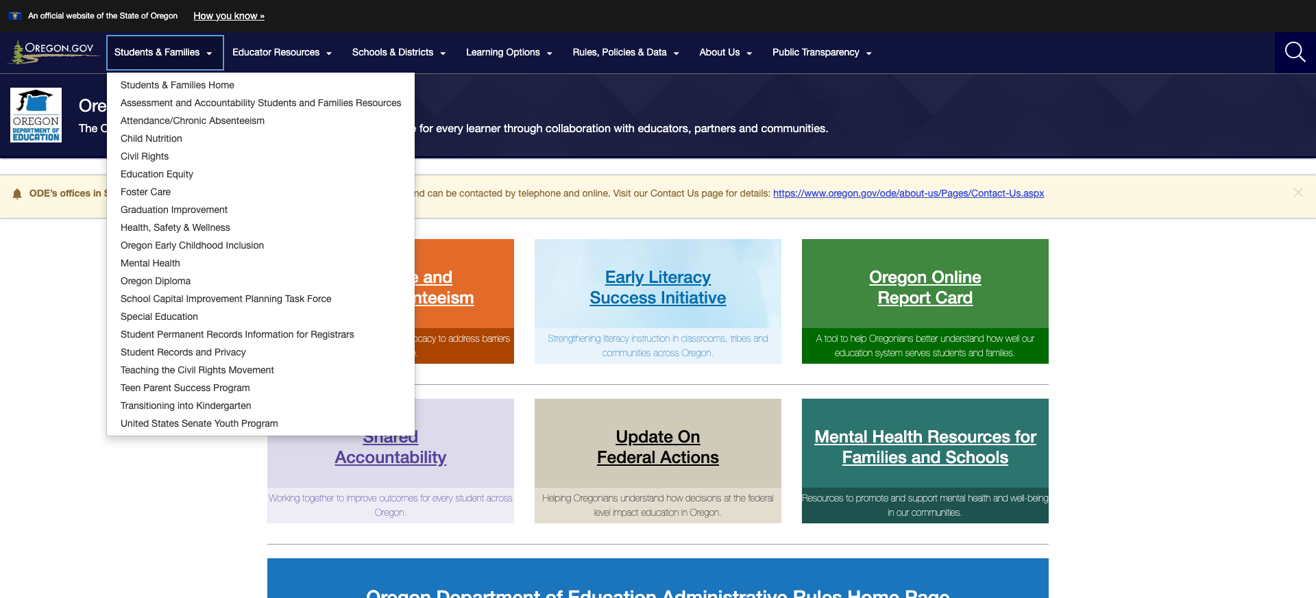 Main navigation dropdown showing Students & Families sub-items
