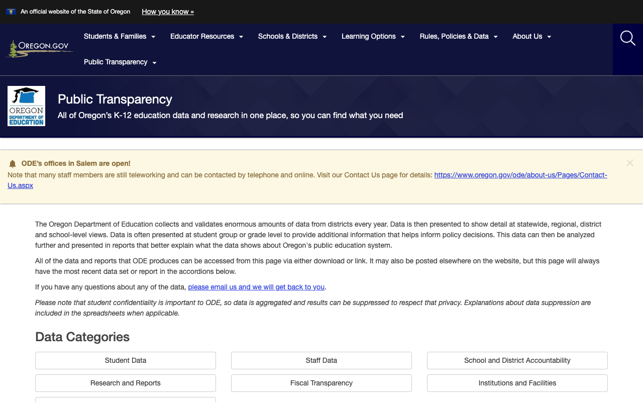 Public Transparency portal showing data categories and introductory context