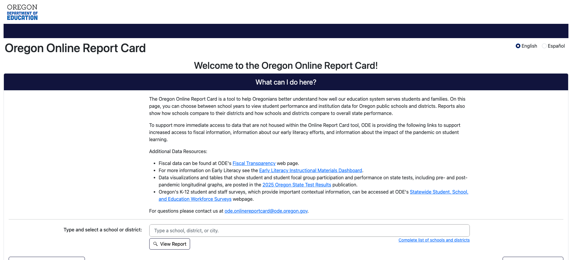 Oregon Online Report Card with school search and bilingual support