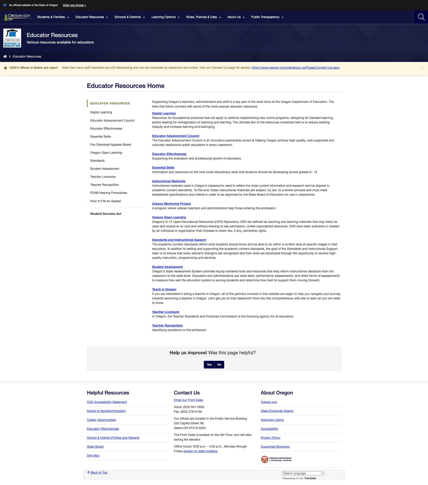 Educator Resources landing page with sidebar navigation and topic descriptions