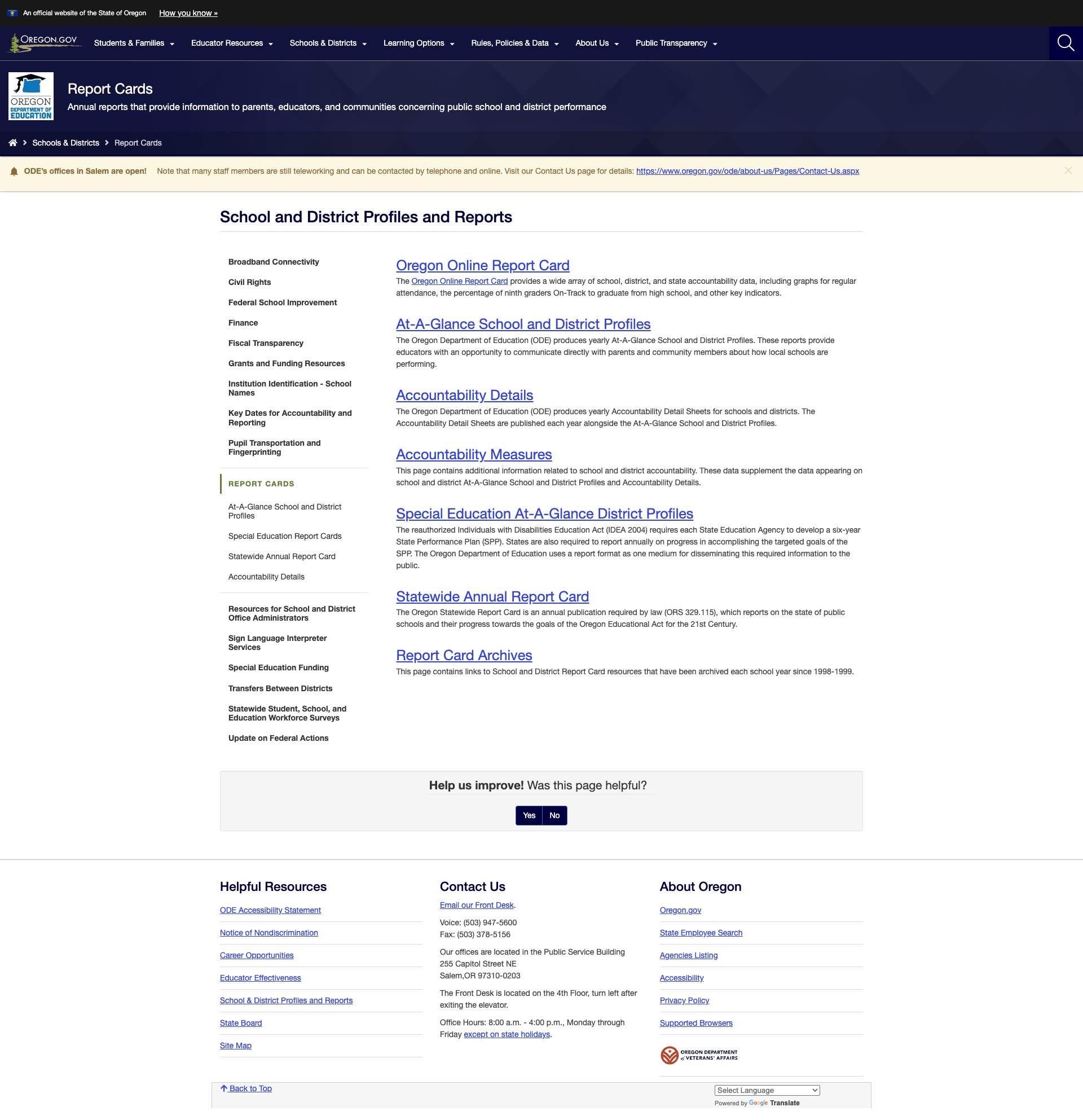 School and District Profiles and Reports hub with seven data resource categories