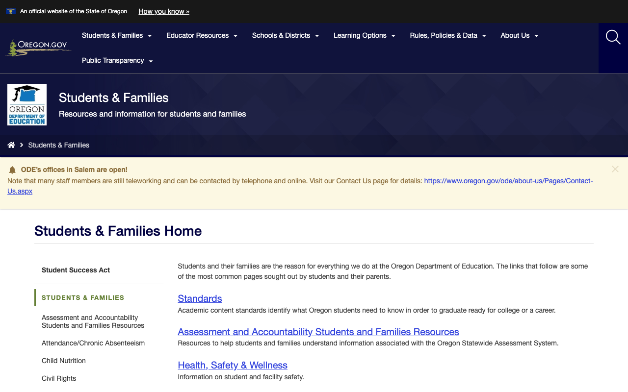 Students & Families page showing the persistent COVID-era office notification banner