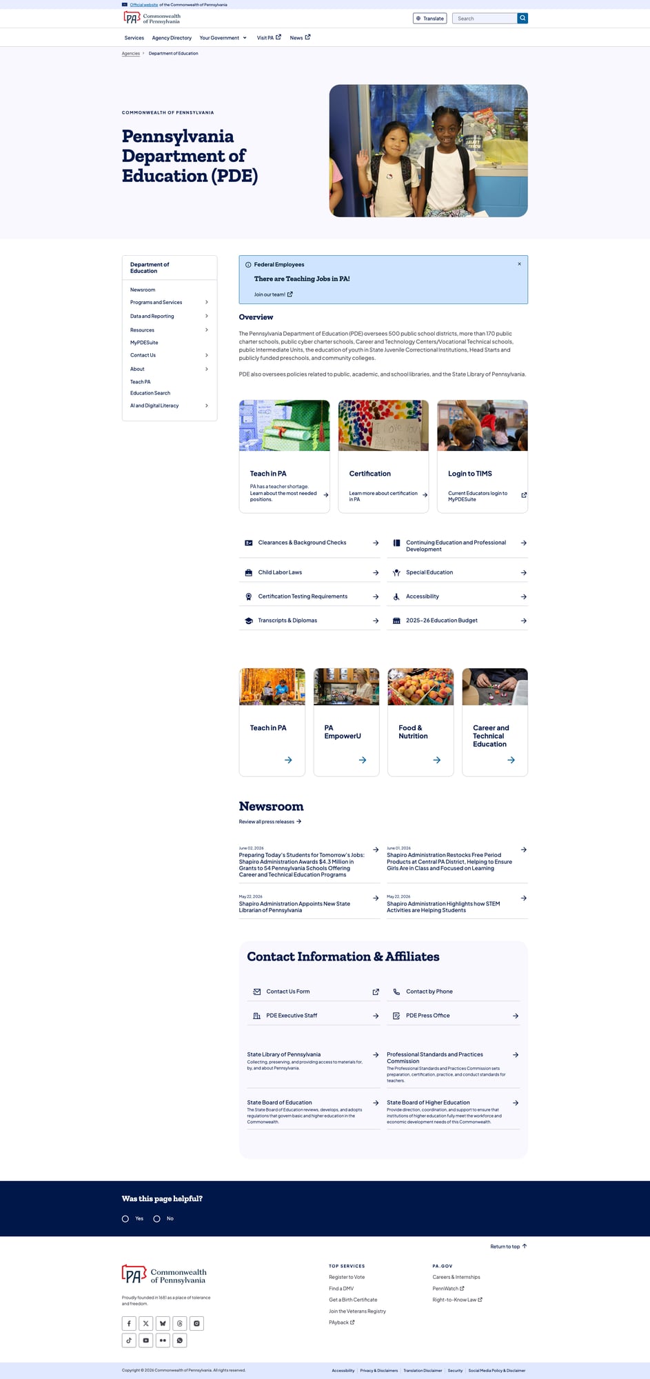 Screenshot: Pennsylvania Department of Education homepage