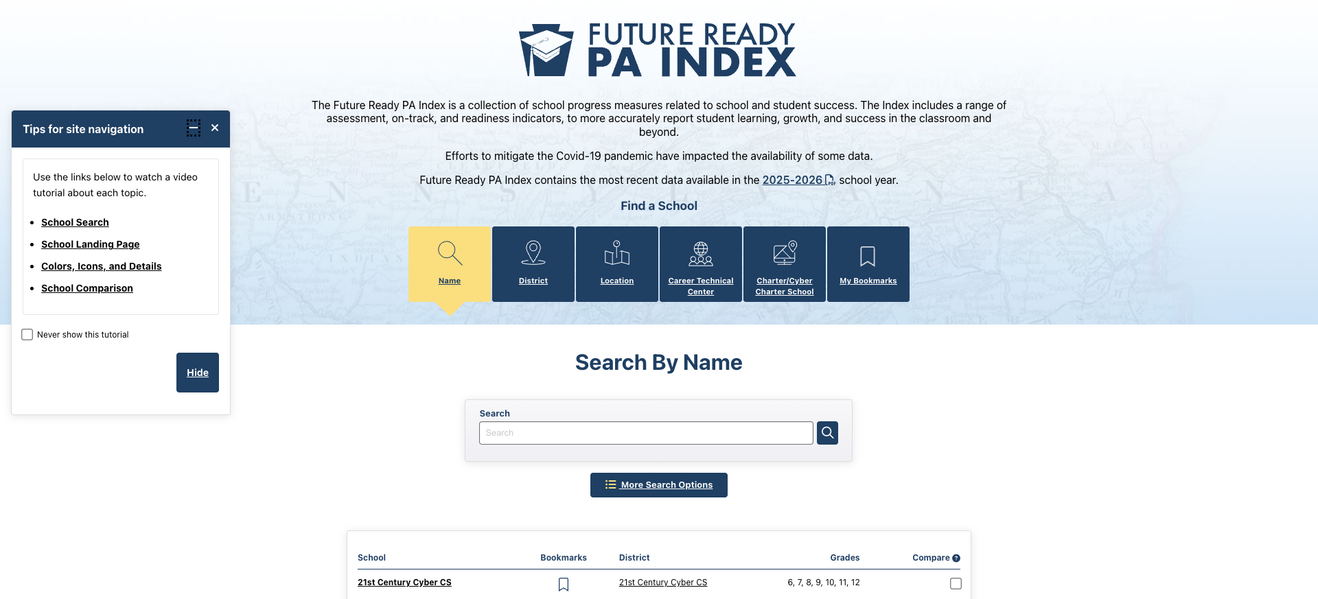Screenshot: Future Ready PA Index school finder with multiple search modes and 2,921 schools