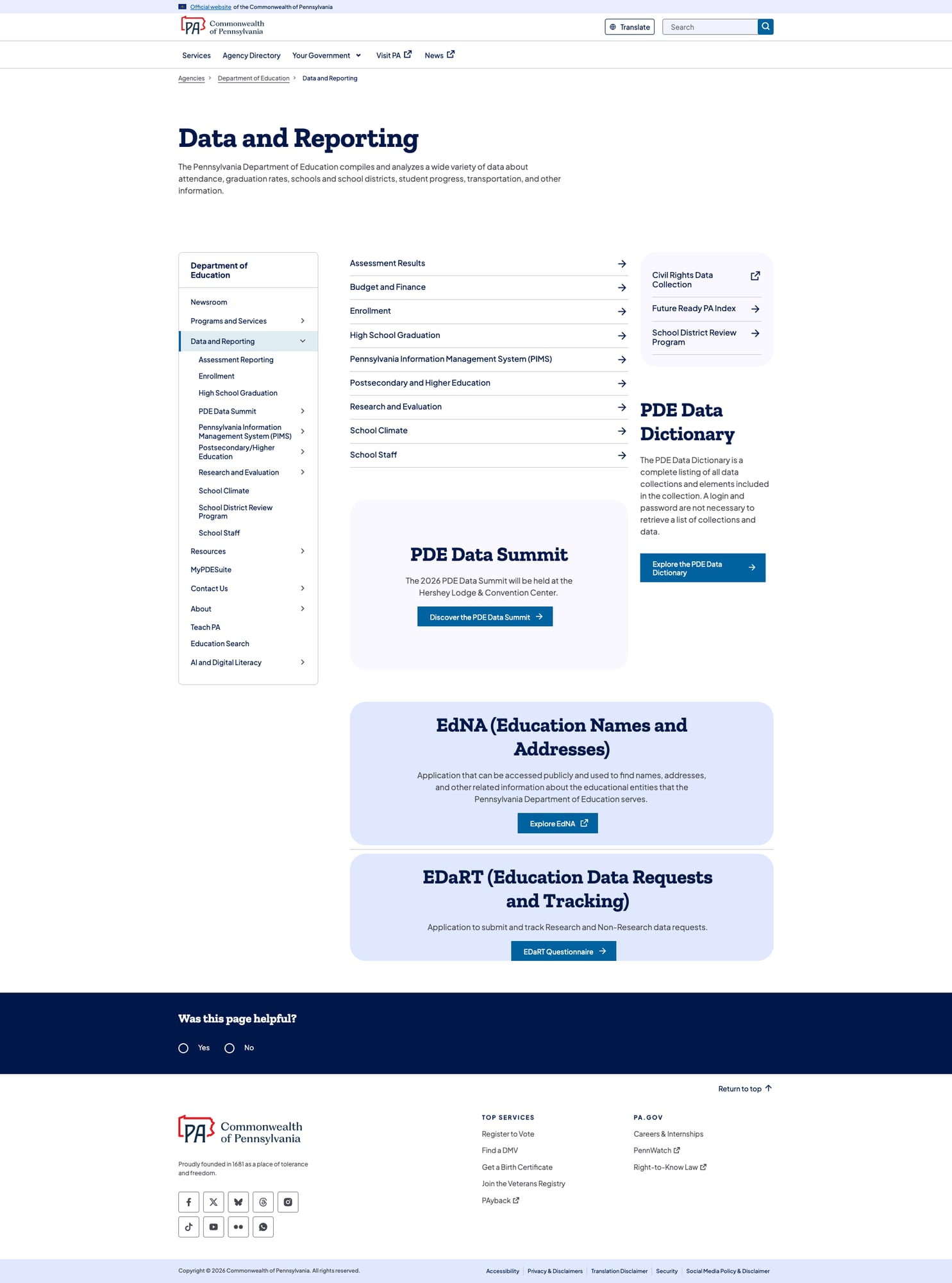 Screenshot: Data and Reporting hub with 9 data categories, PDE Data Dictionary, EdNA, and EDaRT tools