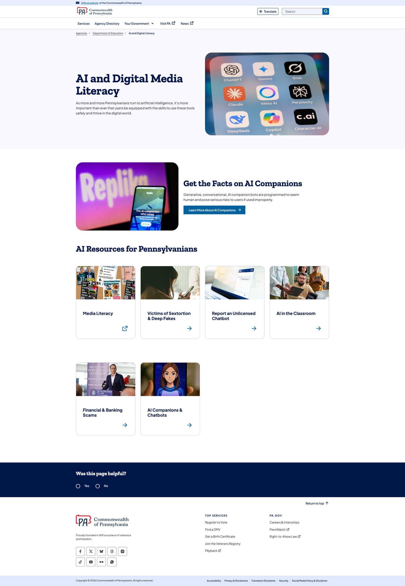Screenshot: AI and Digital Media Literacy page with resources for AI companions, sextortion, media literacy, and AI in classrooms