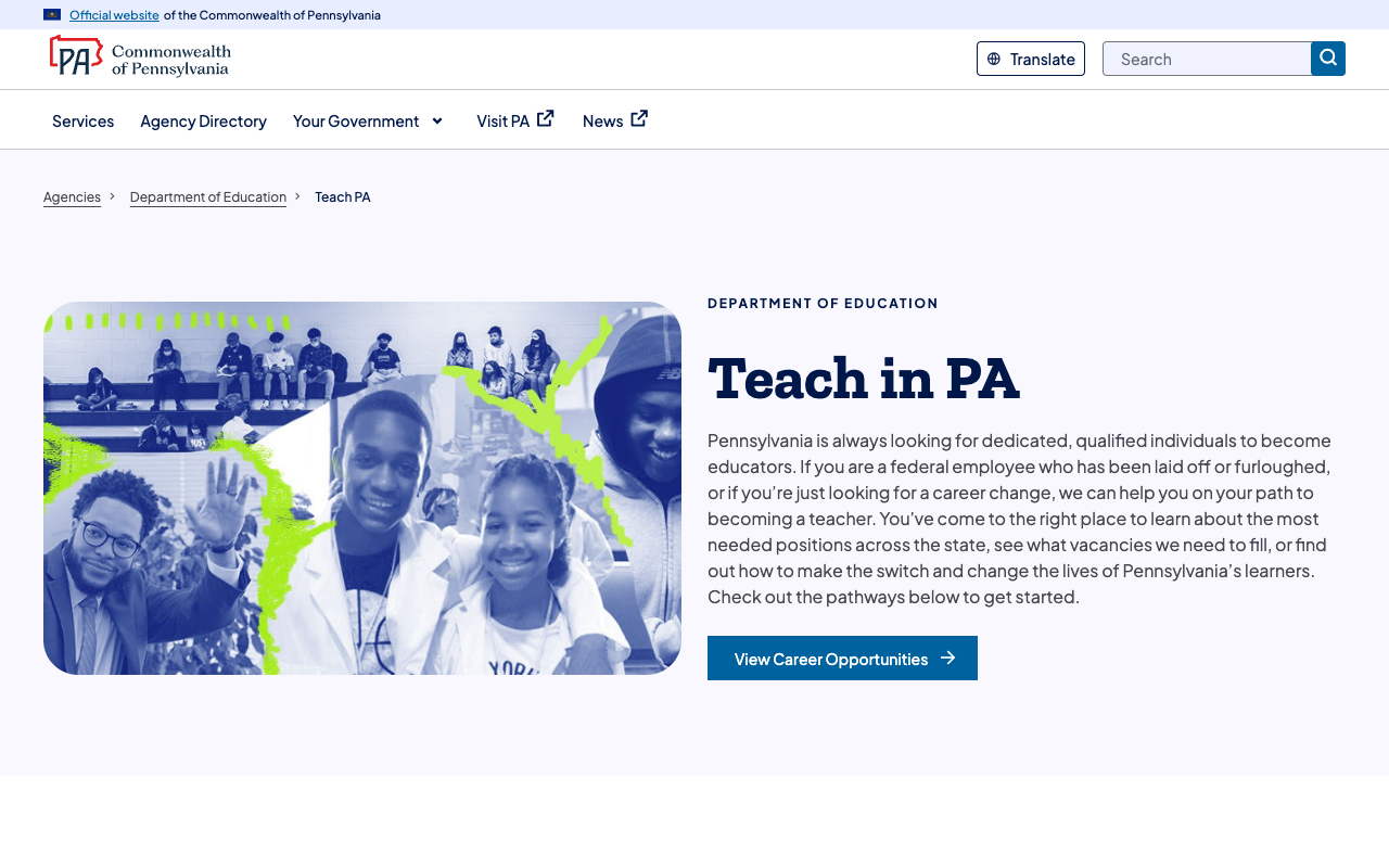 Screenshot: Teach PA recruitment page targeting federal employees with career pathways and benefits