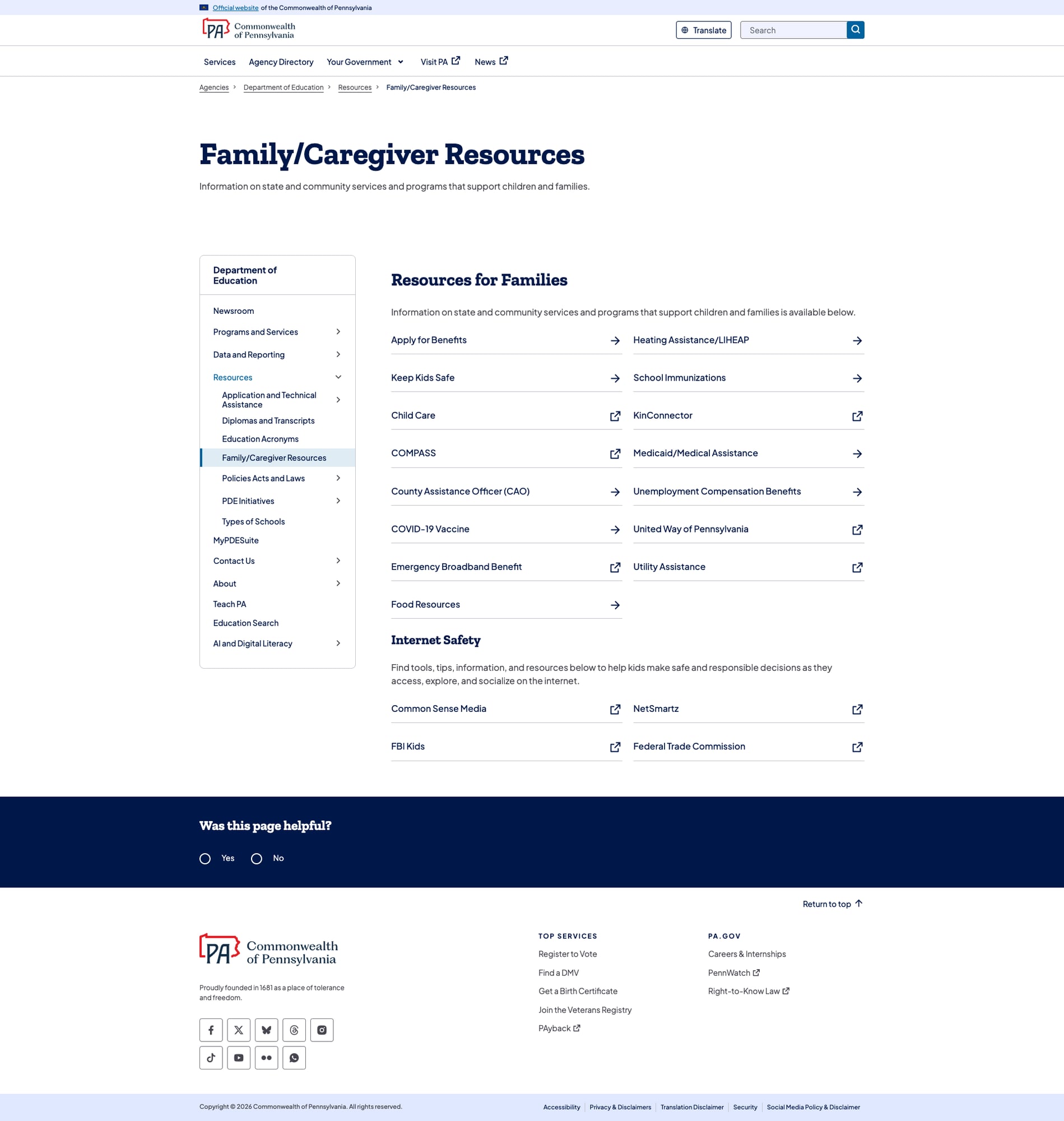 Screenshot: Family/Caregiver Resources page showing general government services rather than education-specific guidance