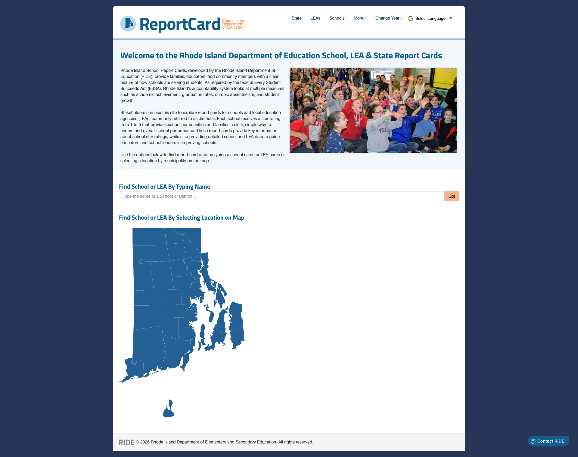 Screenshot: Rhode Island School Report Card platform with search, map, and star rating system