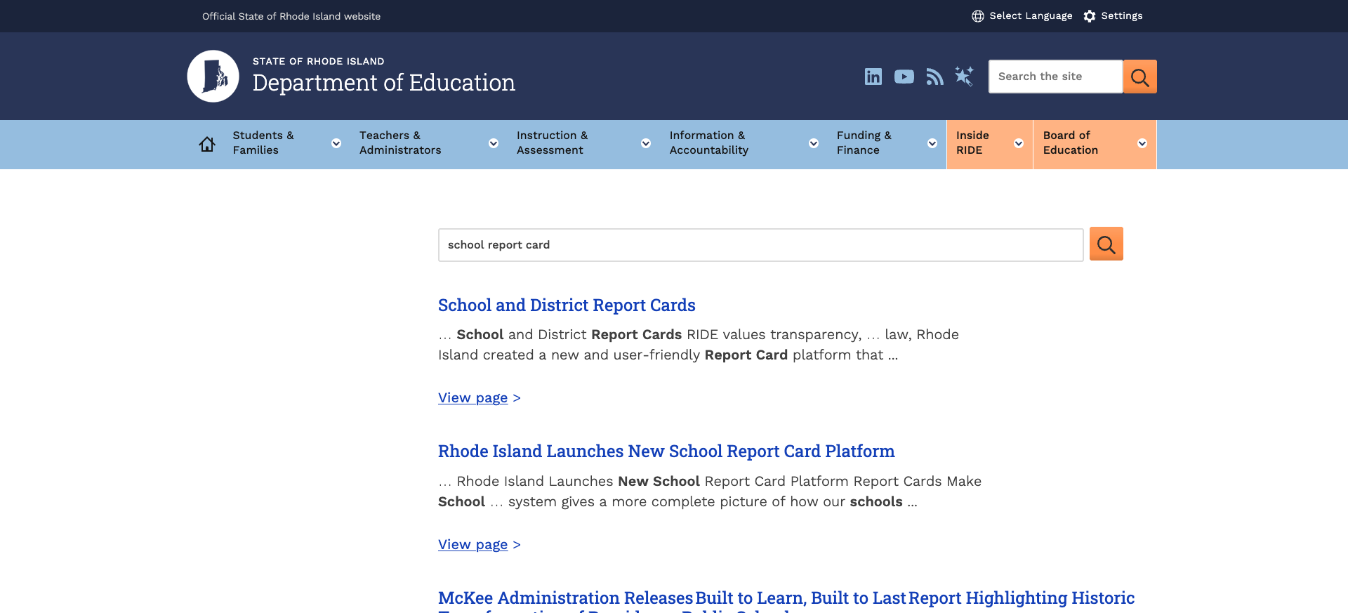 Screenshot: RIDE search results for "school report card" showing relevant results with keyword highlighting