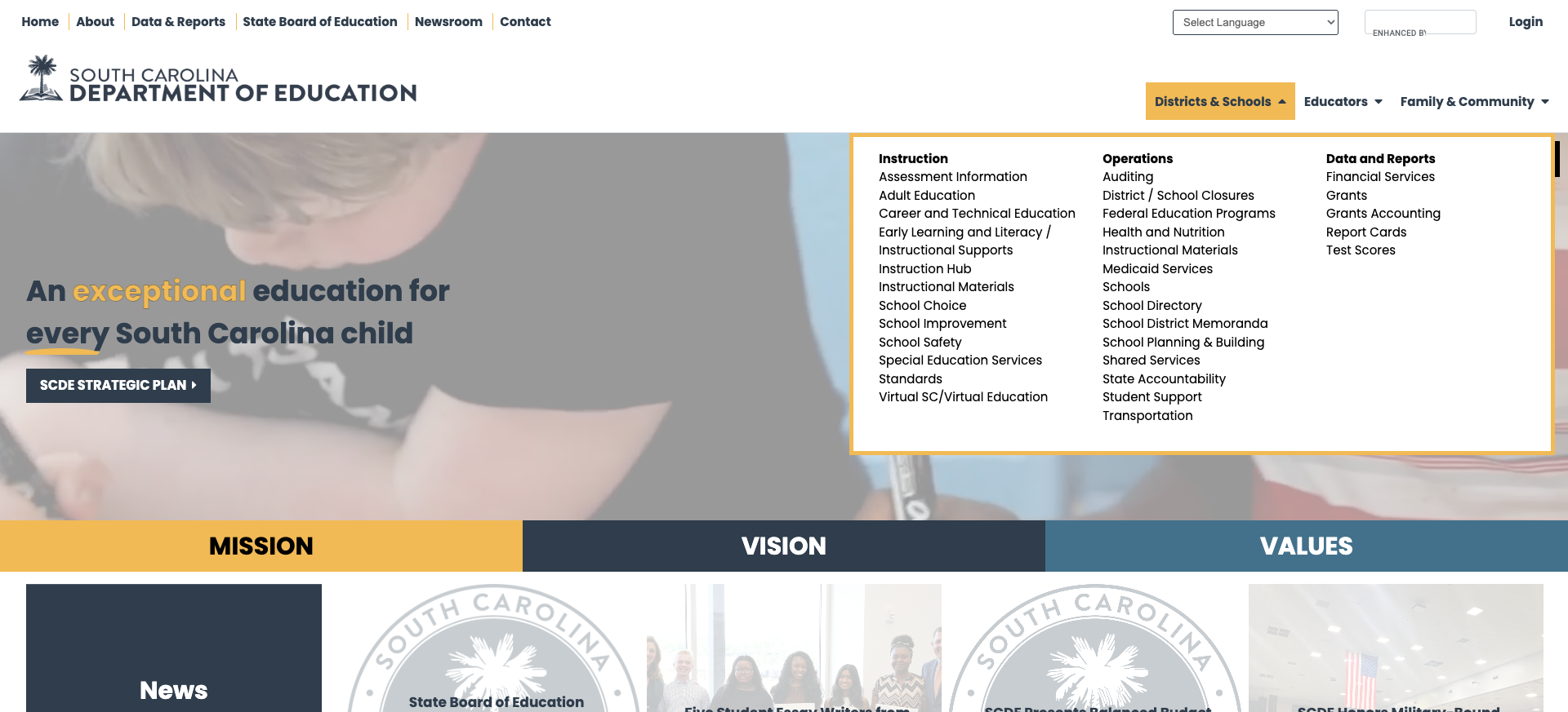 Districts & Schools mega menu showing three-column organization