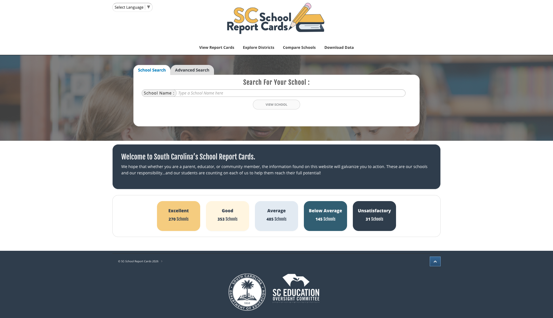 SC School Report Cards homepage with school search, rating breakdown, and download data options