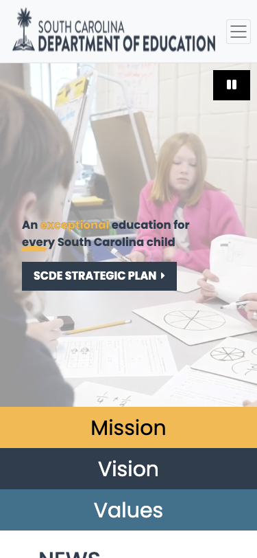 Mobile view of ed.sc.gov showing responsive hamburger menu and stacked tab layout