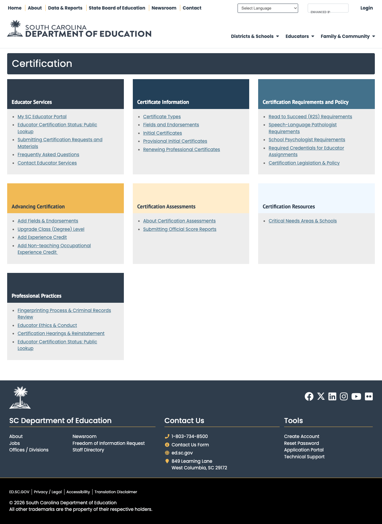 Educator Certification hub with seven organized card categories