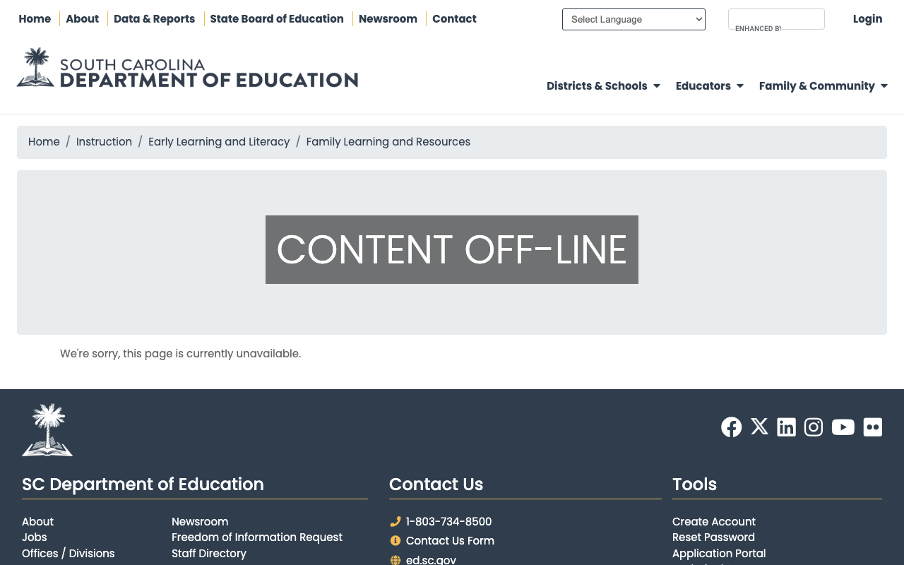 Family Learning and Resources page showing Content Off-Line message